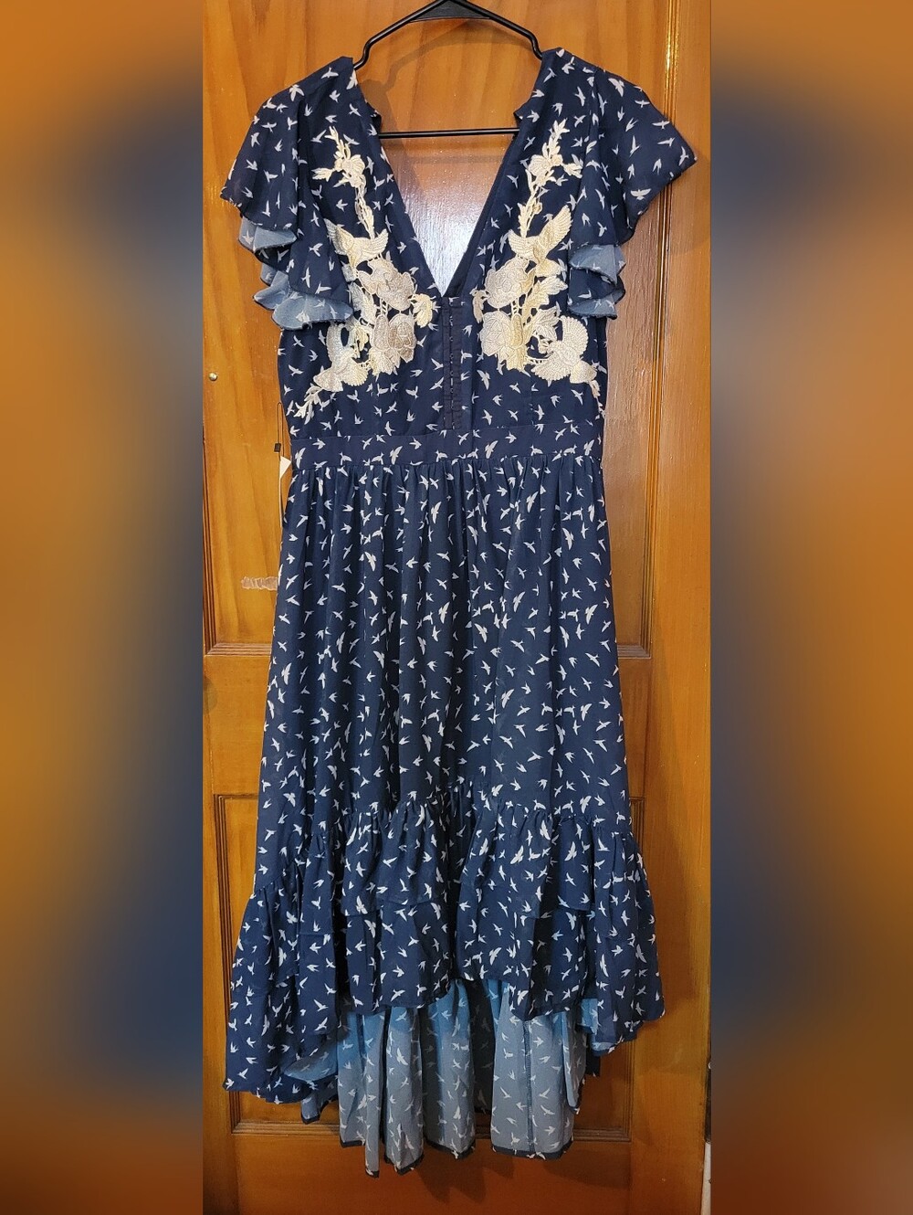 Navy Bird Print Ruffled Midi Dress with Embroidered Bodice Joyfolie Nwt Large
